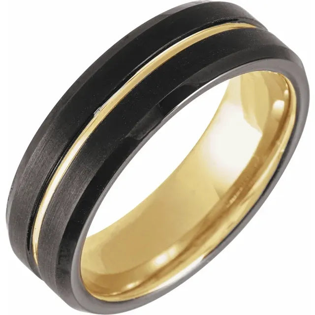 18K Yellow Gold PVD &amp; Black PVD Tungsten 7 mm Beveled-Edge Grooved Comfort-Fit Band – Size 10