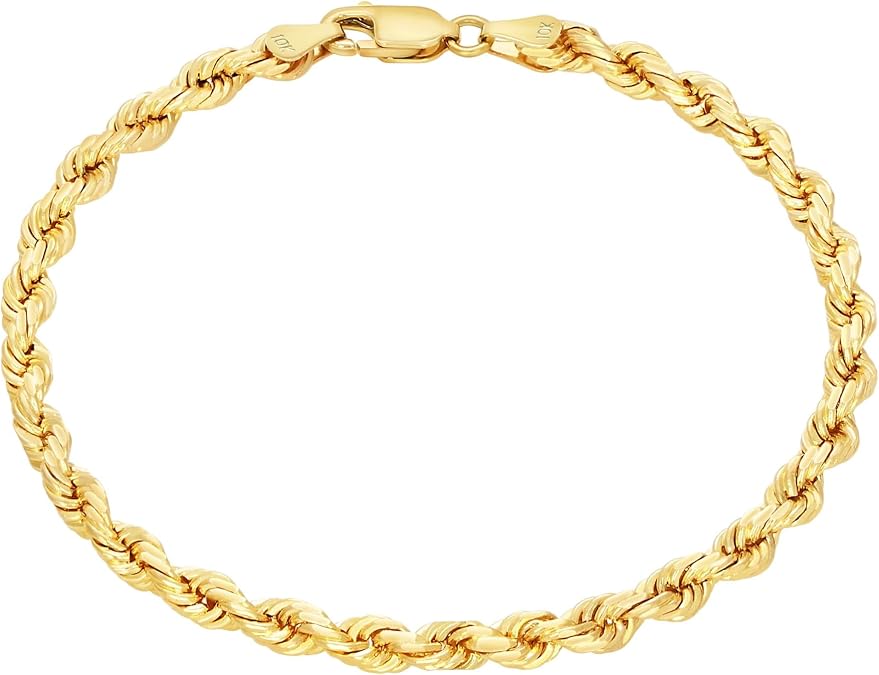 10k Yellow Gold 4mm Rope Chain Diamond Cut Bracelet (7"-9") Italian Jewelry for Men & Women - DIAMOND FACTORY