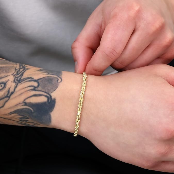 10k Yellow Gold 4mm Rope Chain Diamond Cut Bracelet (7"-9") Italian Jewelry for Men & Women - DIAMOND FACTORY