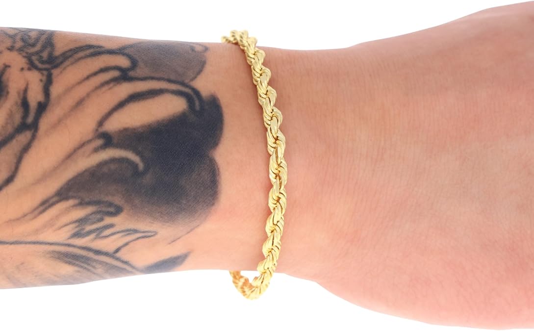 10k Yellow Gold 4mm Rope Chain Diamond Cut Bracelet (7"-9") Italian Jewelry for Men & Women - DIAMOND FACTORY