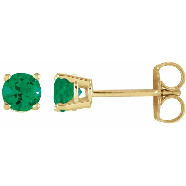 14K Yellow Gold 4 mm Natural Emerald Earrings - DIAMOND FACTORY