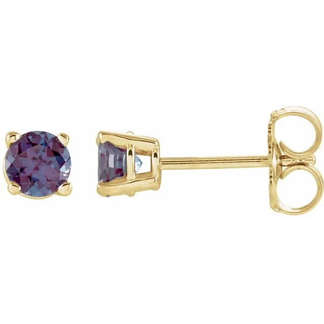 14K Yellow Gold 4mm Lab-Grown Alexandrite Stud Earrings - DIAMOND FACTORY