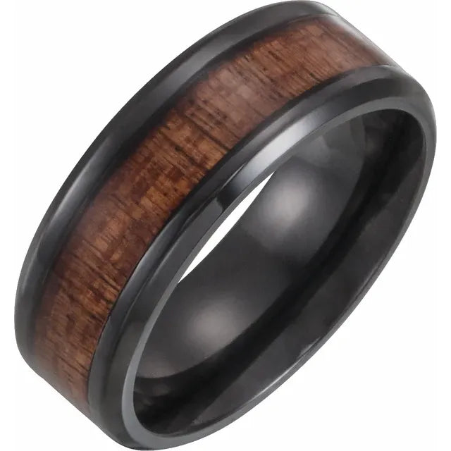 Black Titanium 8 mm Beveled-Edge Hawaiian Koa Wood Inlay Comfort-Fit Band
