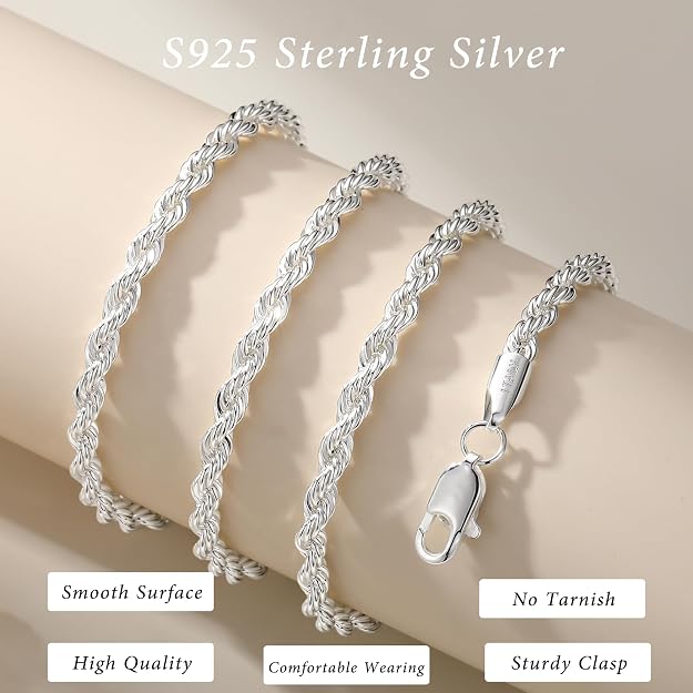 925 Sterling Silver Chain Necklace for Women - 2.5mm 925 Sterling Silver Twisted Rope Chain Necklace