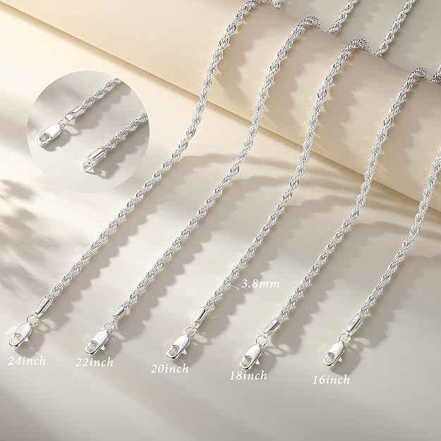 925 Sterling Silver Chain Necklace for Women - 2.5mm 925 Sterling Silver Twisted Rope Chain Necklace