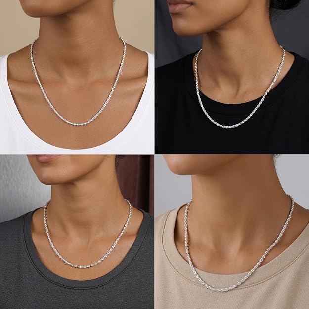 925 Sterling Silver Chain Necklace for Women - 2.5mm 925 Sterling Silver Twisted Rope Chain Necklace