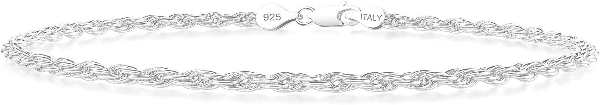 925 Sterling Silver 3mm Rope Chain Bracelet - DIAMOND FACTORY