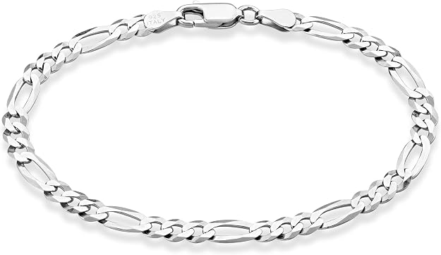 925 Sterling Silver 4mm Italian Diamond-Cut Figaro Link Chain Bracelet for Men & Women - DIAMOND FACTORY
