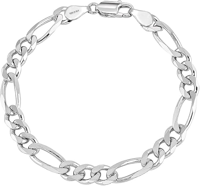 925 Sterling Silver 4mm Italian Diamond-Cut Figaro Link Chain Bracelet for Men & Women - DIAMOND FACTORY