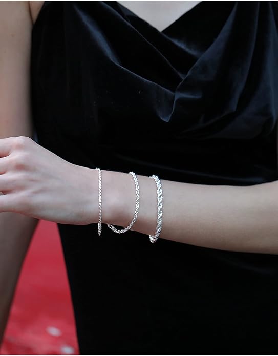 925 Sterling Silver 4mm Rope Chain Bracelet - DIAMOND FACTORY