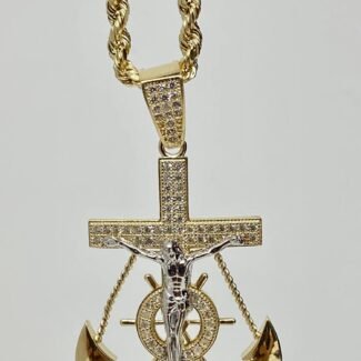 14k Gold Anchor with stones , iced out ( pendant or chain set )